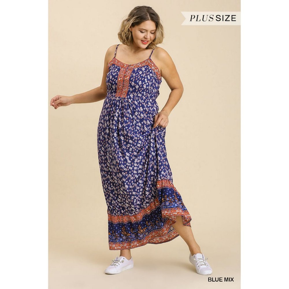 Umgee Plus Blue Mix Print Half Button Sleeveless Ruffle Hem Maxi Dress - Picture 2 of 4